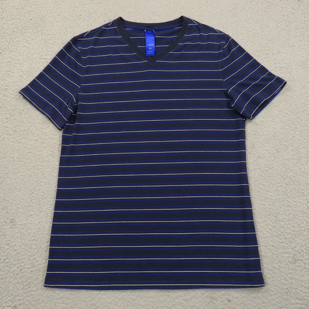 Kit & Ace Shirt Men Medium Navy Blue White Striped Pima Modal Stretch V Neck Tee